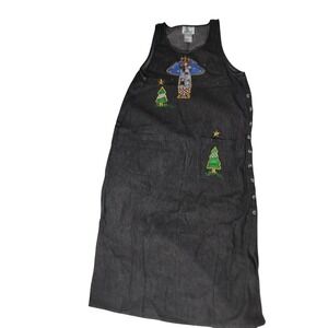 Quacker Factory Christmas Denim Jumper Dress Large Angel Trees Embroidered